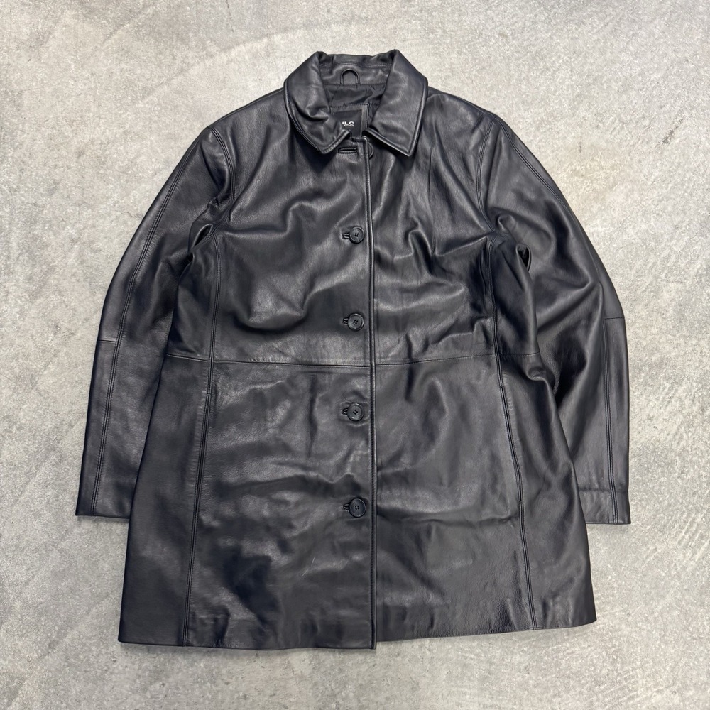JLC New York Leather Coat Womens Large Black Button Front Mid Length Jacket
